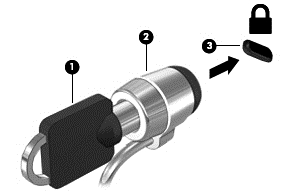3. Masukkan kunci kabel keamanan ke dalam slot kabel keamanan di komputer (3), lalu pasang kunci kabel