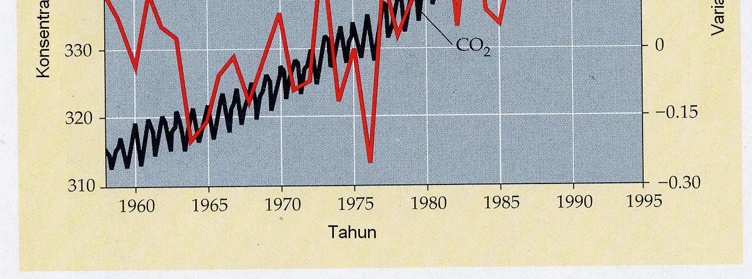 PENINGKATAN KARBON DIOKSIDA ATMOSFER DAN RATA-RATA SUHU DARI TAHUN 1958 SAMPAI 1995 Selain fluktuasi musiman pada kadar normal CO 2 (berwarna hitam), grafik ini menunjukkan suatu peningkatan yang