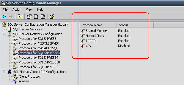 2. Window configuration manager, pilih Service yang baru diinstall (misal nama instace SQLEXPRESS8), klik kanan properties Pastikan isiannya