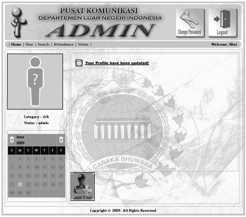 257 Gambar 4.28 Halaman Home Admin Form Home Admin Halaman home akan menampilkan profile dari user sebagai admin.