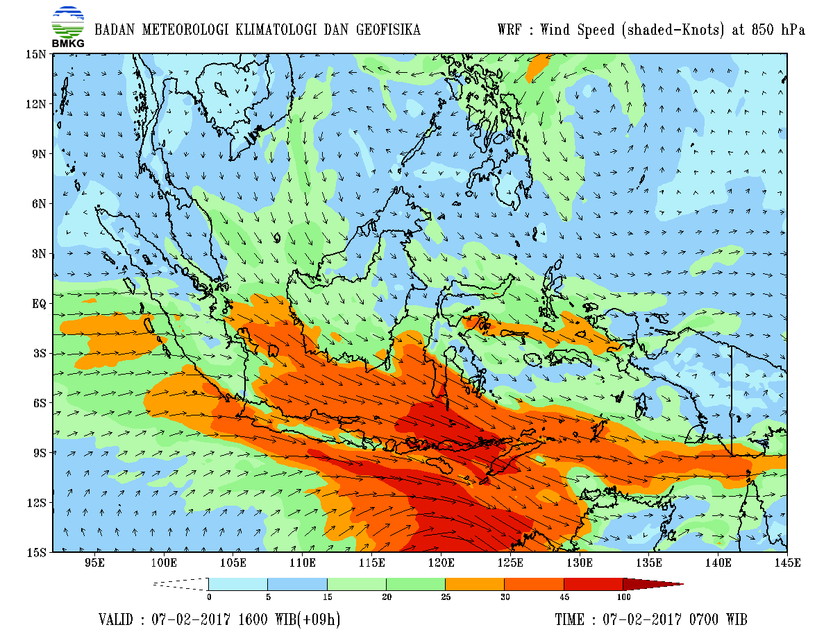 5.Analisis Angin Dari pola angin 850 hpa terlihat di sekitar wilayah Amahai kecepatan angin berkisar antara 20-25 knot dari arah barat laut, hal ini mengindikasikan angin bertiup cukup kuat di