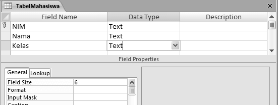 4 Membuat Tabel Pada saat kita membuat database baru, maka dibuat satu tabel secara otomatis dengan nama Table1, kita dapat menggunakan tabel ini untuk menampung data yang akan kita masukan, atau