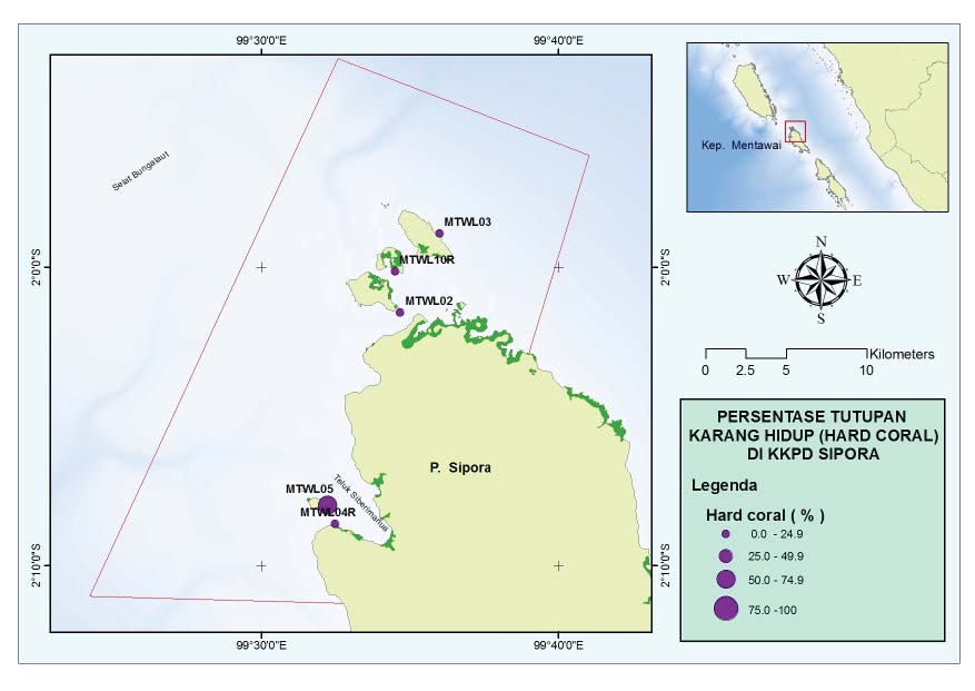 Sipora Hampir di semua stasiun penelitian dijumpai tutupan karang mati (DCA) dan pecahan karang mati (R) yang cukup tinggi.