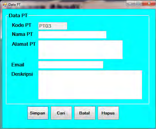 80 4.4.6 Halaman Data PT Halaman PT merupakan file transaksi yang dapat mencari, menghapus dan menyimpan yang akan disimpan kedalam base PT apabila terjadi penambahan, pengubahan ataupun pengurangan.