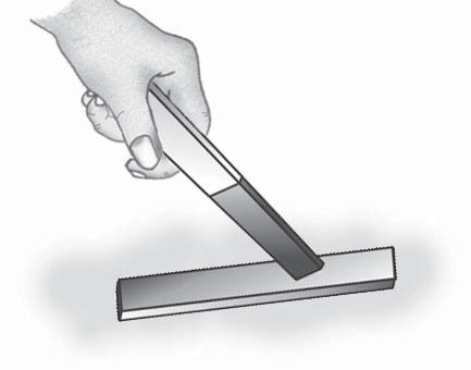 Prosedur kerja: 1. Peganglah magnet batang, kemudian gosokkan ujung magnet tersebut pada sepanjang permukaan batang besi dalam satu arah saja. Lakukan selama lima menit. Perhatikan gambar. 2.