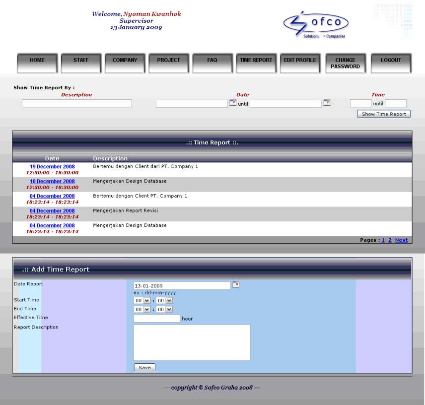 262 Gambar 4.23 Tampilan layar Time Report Tampilan layar Time Report dapat diakses oleh user yang sudah login yang memiliki role supervisor atau programmer.
