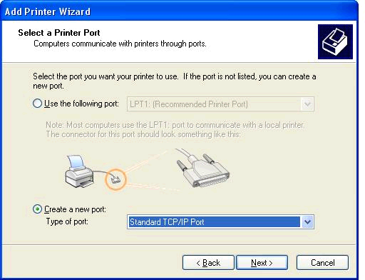 8. Jika komputer tidak tersambung ke MFP, pilih Create a new port (Buat port baru) dalam Select a Printer Port (Pilih Port Printer). 9.