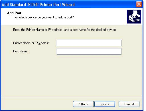 11. Dalam Add Port (Tambah Port), masukkan nama printer MFP atau alamat IP dalam kotak teks Printer Name or IP Address (Nama atau Alamat IP Printer), lalu klik Next (Berikutnya).