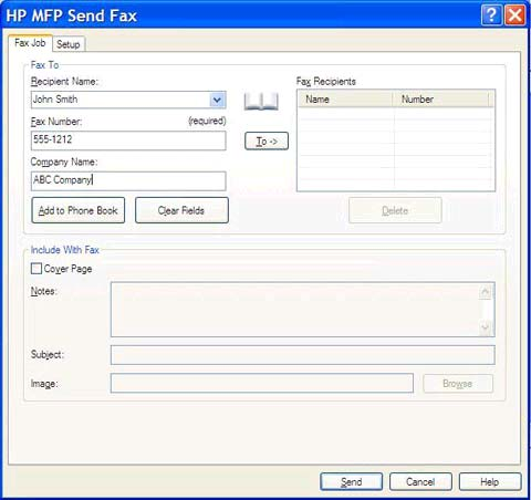 5. Dalam Fax To (Faks Ke) pada kotak dialog HP MFP Kirim Faks, masukkan nama penerima, nomor faks, dan nama perusahaan.