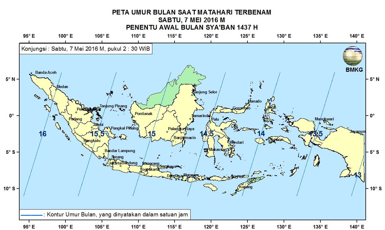 Sebagaimana terlihat pada Gambar 3, elongasi saat Matahari terbenam tanggal 7 Mei 2016 di Indonesia berkisar antara 7,94 o di Merauke, Papua sampai dengan 9,74 o di Sabang, Aceh. Gambar 3. Peta Elongasi tanggal 7 Mei 2016 untuk pengamat di Indonesia 5.