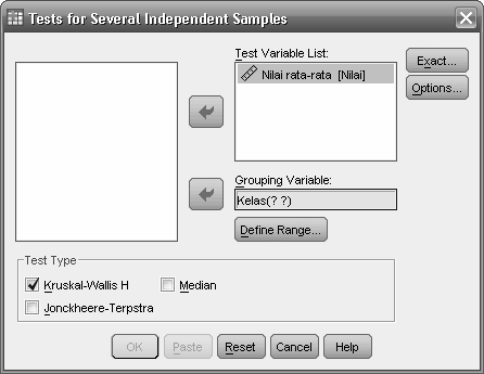 4. Muncul kotak dialog K-Independent Samples Test. 5. Masukkan variabel Nilai ke kotak Test Variable List dan masukkan variabel Kelas" ke kotak Grouping Variable.