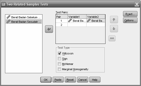 Muncul kotak dialog Two-Related Samples Test.