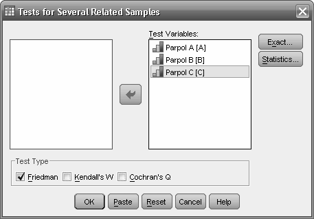 4. Muncul kotak dialog Test For Several Related Samples. Masukkan variabel A, B, C, ke kotak Test Variables secara bersama-sama. Gambar 6.36 Kotak Dialog Test for Seveal Related Samples 6.