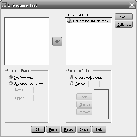 4. Muncul kotak dialog Chi-Square Test. 5. Masukkan variabel Universitas ke kotak Test Variable List. Pilihan lainnya sesuai default.