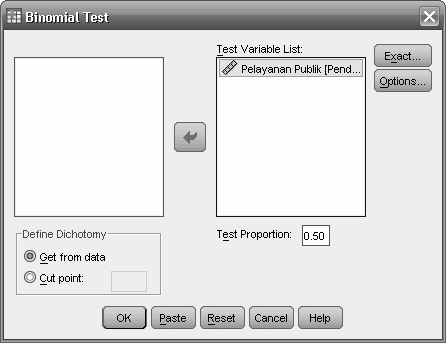 4. Muncul kotak dialog Binomial Test. Masukkan variabel Pendapat ke kotak Test Variable List. Klik OK. Gambar 6.9 Kotak Dialog Binomial Test 5.