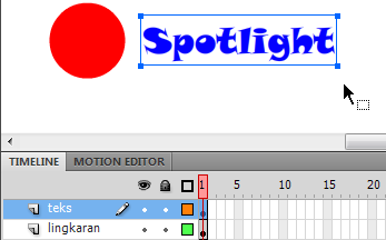 Gambar 3.9 Pembuatan teks Spotlight 5 Aktifkan layer lingkaran, klik kanan frame 1 dan pilih Create Motion Tween. 6.