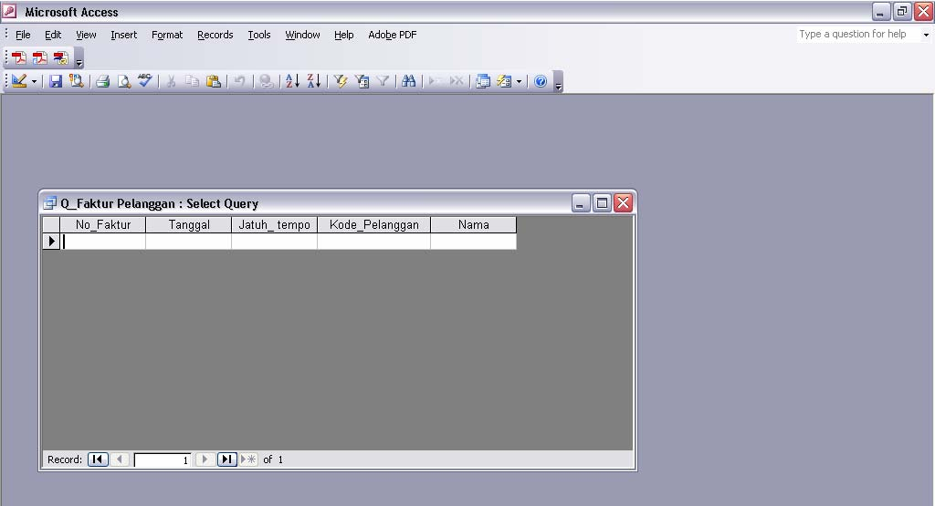 b. Query Faktur Pilih Queries Create Query In Design View Tampil Show Table Close View SQL View Ketik Perintah SQL: SELECT Faktur.No_Faktur, Faktur.Tanggal, Faktur.[Jatuh_ tempo], Faktur.Kode_,.