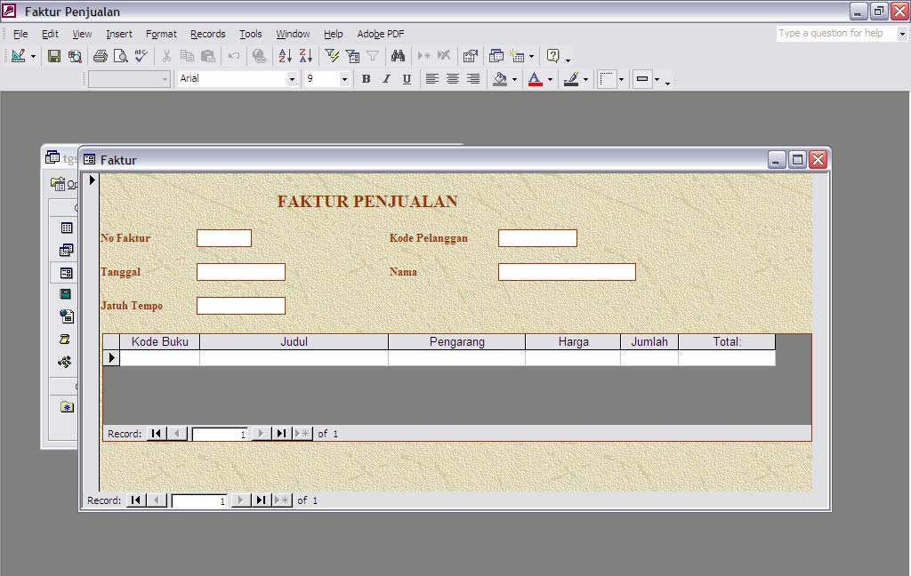 d. Form Faktur Penjualan Form Faktur penjualan berfungsi untuk - Pilih Form Create Form by design view Pilih Query Faktur - Atur form seperti pada gambar.