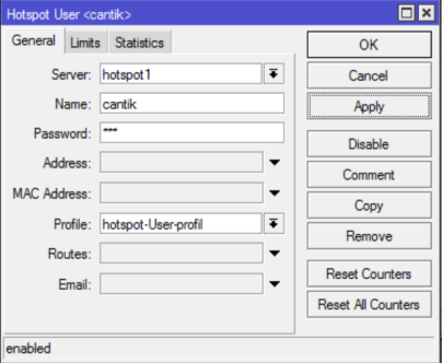 1. Pada tampilan Hotspot, klik tab Users 2. Klik tanda + hingga muncul tampilan New HotSpot User dan isi pada Server hotspot1, Name cantik (nama anda), dan Password 123 (sesuai keinginan anda) 3.