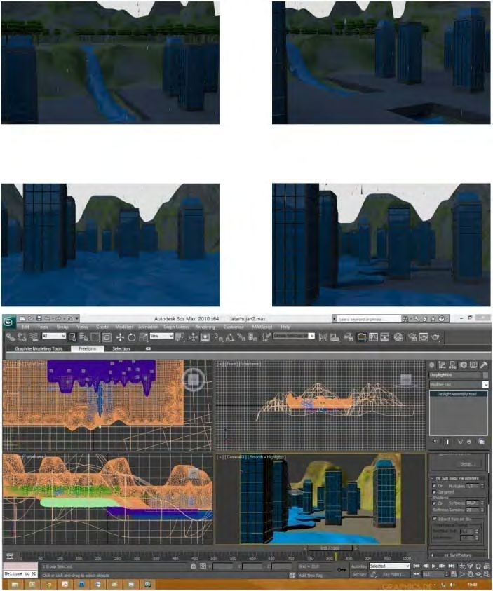 Gambar 49.Proses Animation 9 proses pegerakan air pada scene terakhir dalam animasi ini megunakan teknik Noise dan Gizmo 4, pada pengaturan Gizmo efek riak air digeser sehingga air dapat megalir.
