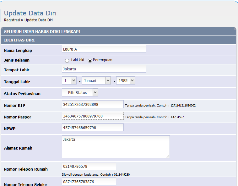 1 Form Data Diri Ketika user memilih form data diri maka akan menampilkan data user yang telah diinputkan pada saat