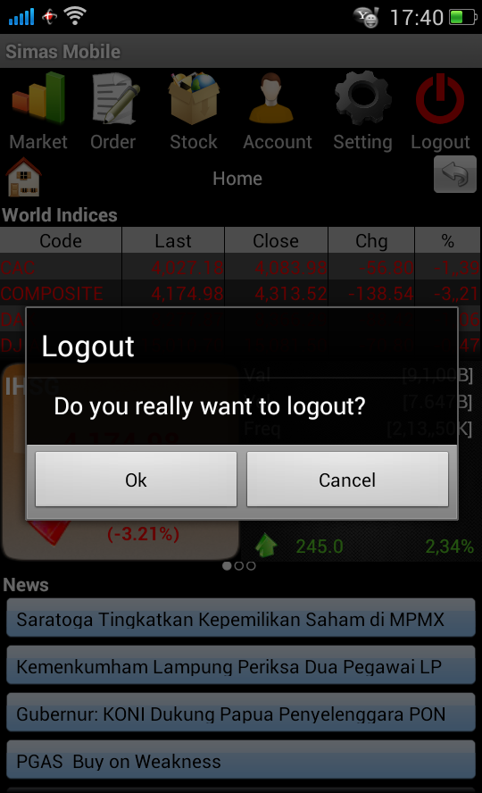 Logout Menu Logout dapat digunakan oleh user apabila user ingin mengakhiri sesi mereka dari Simas Mobile. Apabila user melakukan logout, maka aplikasi Simas Mobile akan kembali ke halaman login.