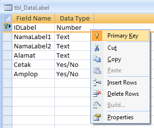 Membuat Tabel Pada menu Access pilih Create lalu pilih Table Design untuk membuat tabel baru dan beri nama : tbl_datalabel.