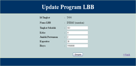 2 halaman login admin 3) Halaman edit program (admin) Halaman ini dapat diakse admin jika admin telah melakukan pencarian LBB dan memilih