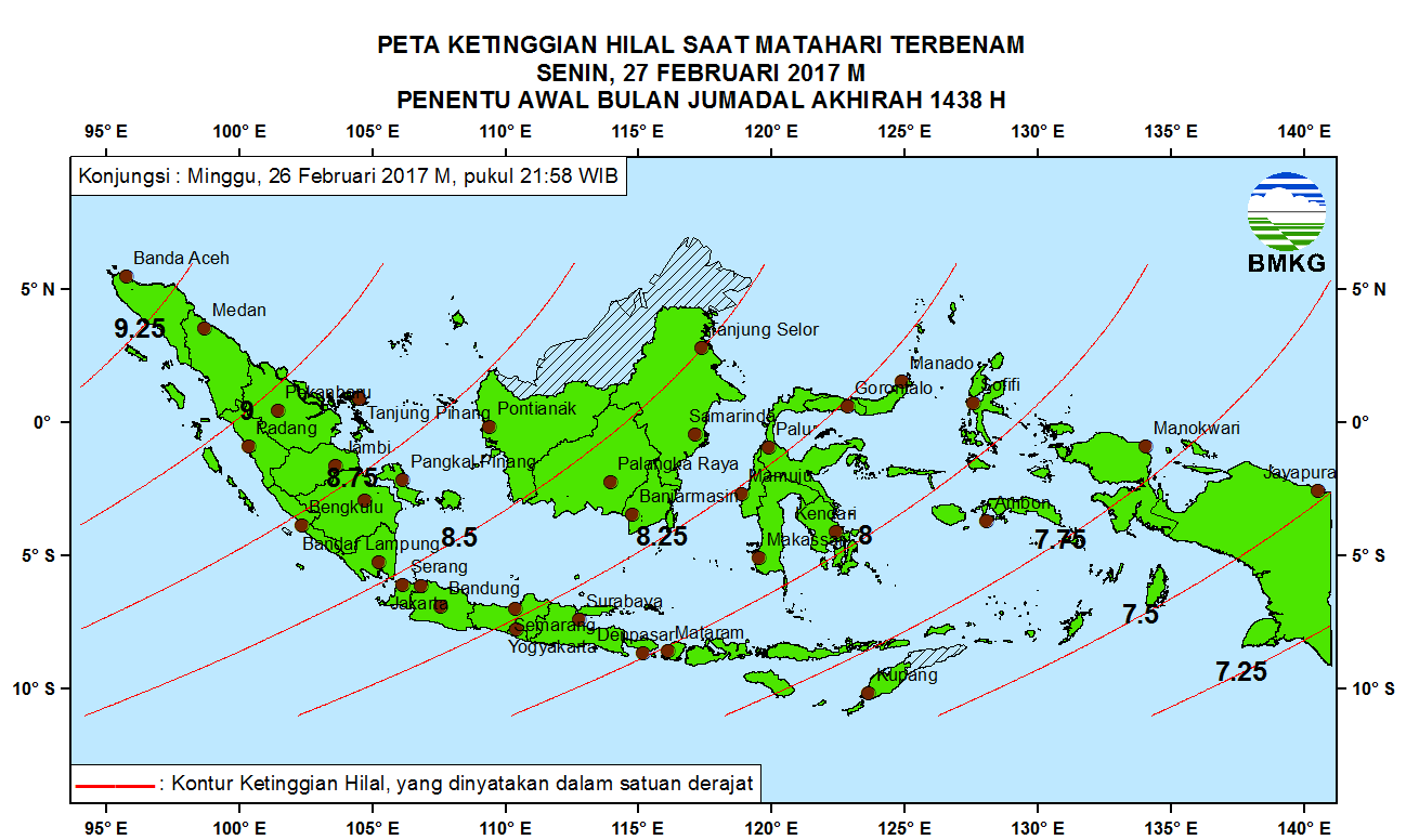 Adapun peta ketinggian Hilal untuk pengamat di Indonesia yang lebih detail dapat dilihat pada Gambar 2.