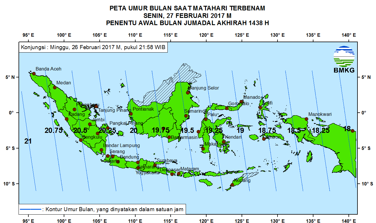 4. Peta Elongasi Pada Gambar 3 ditampilkan peta elongasi untuk pengamat di Indonesia saat Matahari terbenam tanggal 27 Februari 2017.