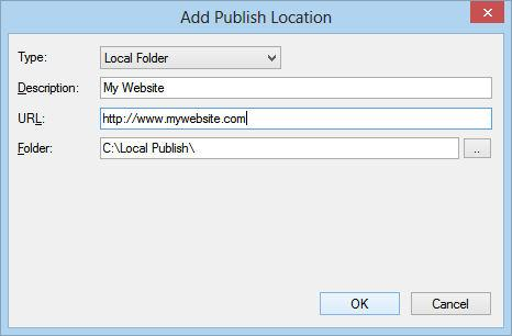 'Publikasikan ke folder lokal. Klik Add untuk menambahkan lokasi baru ke dalam daftar. Masukkan nama untuk lokasi pilih Folder lokal sebagai jenis.