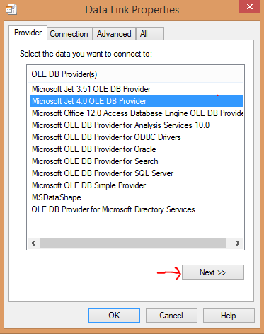 B y ER 2 0 1 5 8 - Kemudian muncul Data Link Properties Pada tab Provider pilih Microsoft Jet 4.0 OLE DB Provider Next.