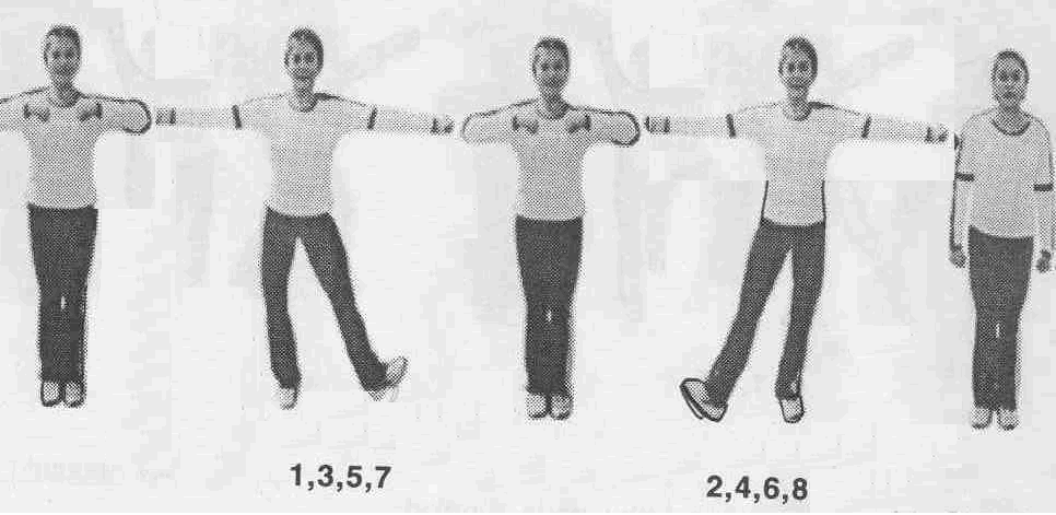 Gerakan : Lengan. bahu. dada. tungkai. Tujuan : Meregangkan otot lengan, bahu, dada dan tungkai. Pelaksanaan : 4 x 8 hitungan. Teknik gerakan : 1 x 8 hitungan pertama Hitungan 1.3.5.