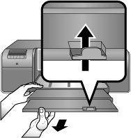 Jika Anda mencetak pada kertas berukuran lebih besar daripada 21,6 x 28 cm, tarik keluar ekstensi baki keluaran dengan memegang baki keluaran dengan satu tangan dan menarik ekstensi keluar dengan