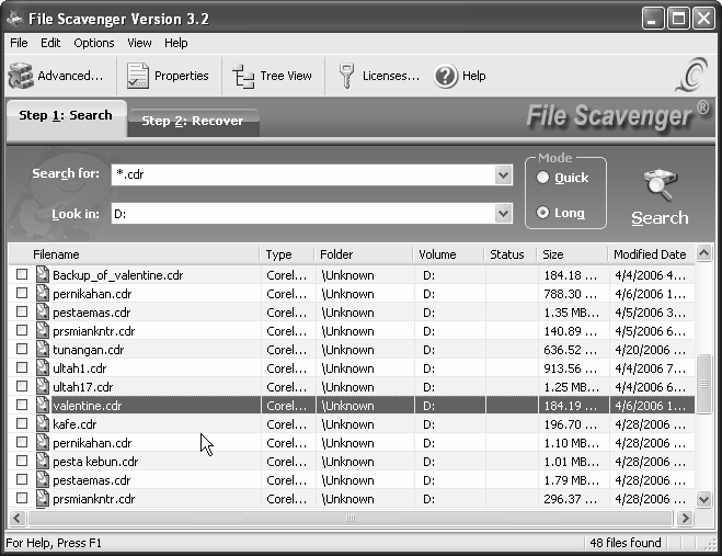 File Scavenger Data Recovery 6. Selanjutnya file hasil pencarian akan dimunculkan dalam keadaan terseleksi. Gambar 6.15.