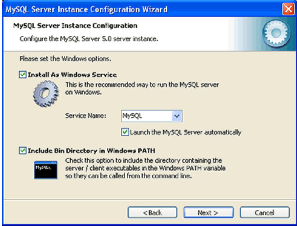Langkah 20: Tampilan berikutnya, Aktifkan pilihan Install as Windows Service dan Launch the MySQL Server automatically.