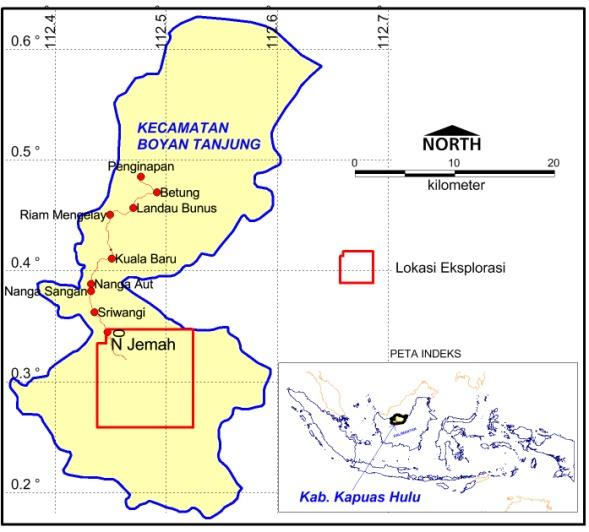 bulan April 2015 dengan lokasi eksplorasi di Desa Jemah Kecamatan Boyan Tanjung, Kabupaten Kapuas Hulu, Provinsi Kalimantan Barat (Gambar 1).