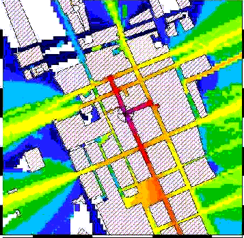 Pada gambar di samping, diberikan pemetaan kuat sinyal berdasarkan hasil pengukuran di suatu kota besar. Sehingga tampak bahwa kerapatan bangunan mempengaruhi kuat sinyal.