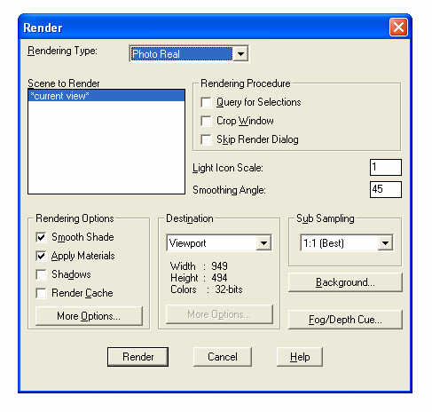PARAMETER DIALOG RENDER A. Rendering type Render Photo Real Photo raytrace 1. Render Kualitas standar AutoCAD (proses rendering cepat) 2.