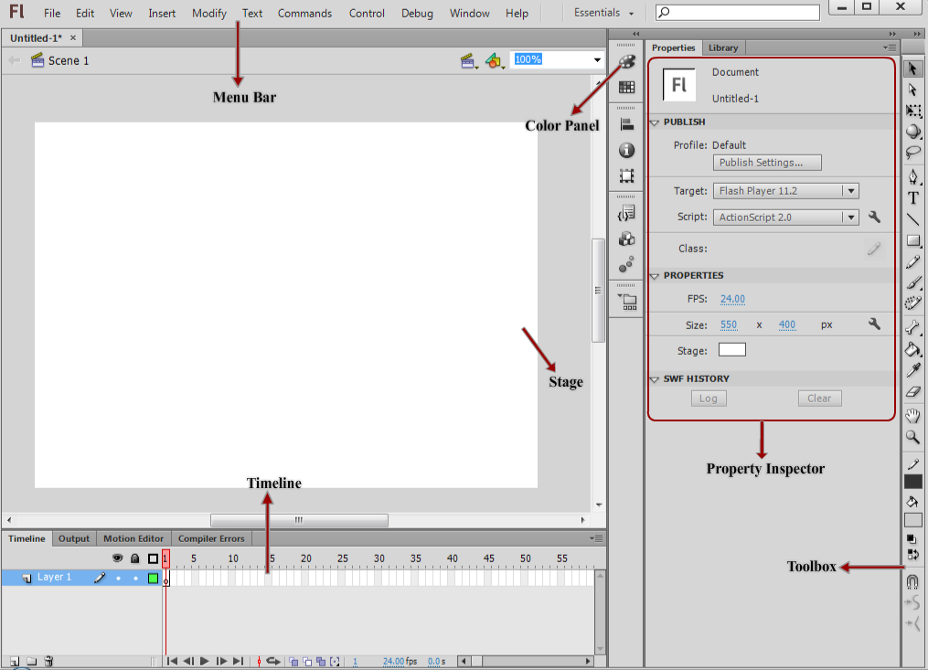13 Gambar 2.2 Jendela Utama Adobe Flash Professional CS6 Keterangan gambar : 1. Menu Bar, adalah baris menu yang terdiri 11 elemen yang utama dan masingmasing memiliki submenu perintah lagi. 2. Timeline, adalah panel untuk mengatur dan mengontrol jalannya animasi Flash yang meliputi kecepatan animasi dan penempatan objek yan akan dibuat.