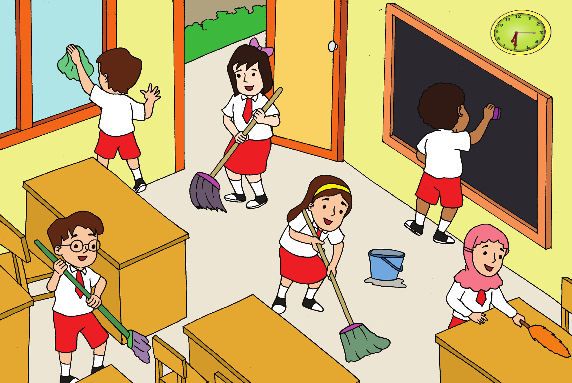 Amati gambar berikut dengan cermat! Hari ini adalah hari Selasa. Beni, Siti, Edo, Lani, Dayu, dan Udin tiba di sekolah pukul 06.30. Ibu guru mengajak siswa membersihkan kelas.