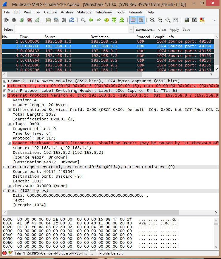 Berikut ini adalah hasil capture wireshark dari skenario 2. Disini ada dua buah file pcap yang dihasilkan oleh NS-3. Hal ini terjadi karena pada skenario 2 terdapat dua alamat source.