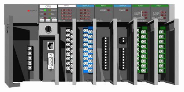 Modul - modul pada PLC ditempatkan dalam perangkat mirip board PC yang disebut