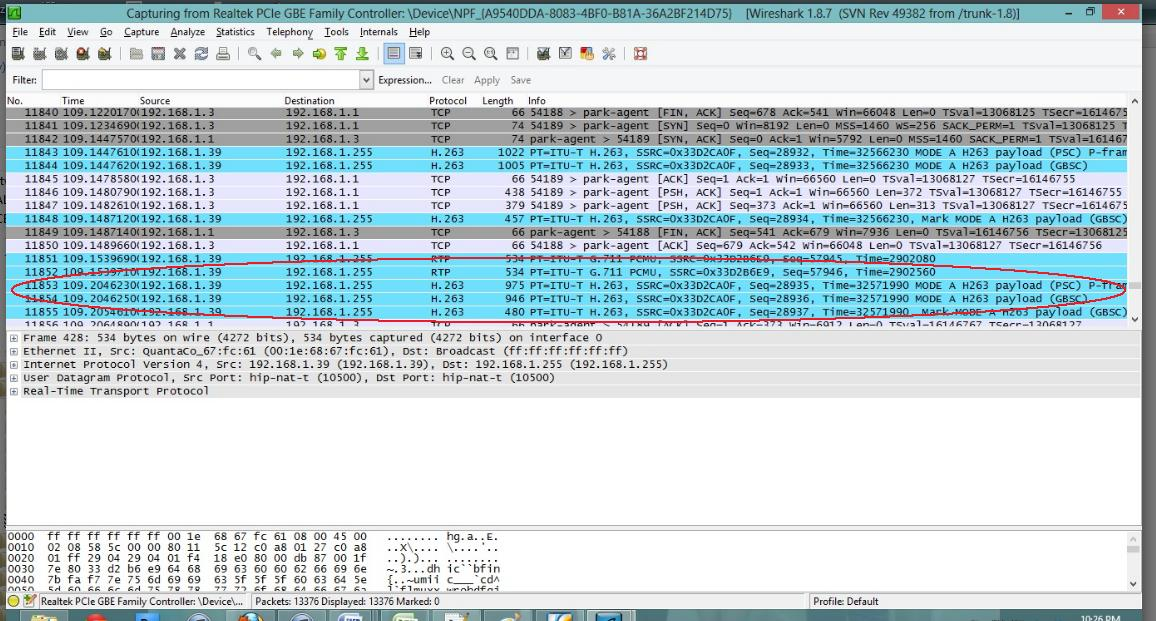 Gambar 4.19. Screenshot Software Wireshark. Gambar 4.19. menunjukan paket-paket RTP yang berasal dari IP 192.168.1.39 menuju IP broadcast 192.168.1.255 dengan informasi data sesuai dengan hasil kompresi dalam transmitting visual dan audio.