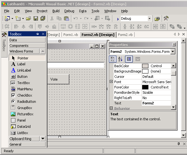 Toolbox Windows Form berisi obyek untuk mendesain form seperti TextBox, Label, CheckBox, dll.