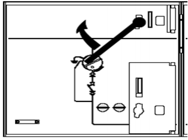 Buatlah disconnector dalam keadaan closed earthed position. Kemudian bukalah pintu depan sisi bawah kubikel e.