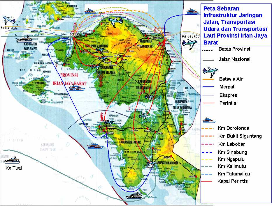 Gambar 2.8 Sebaran Infrastruktur Jaringan Jalan, Transportasi Udara dan Transportasi Laut di Provinsi Irian Jaya Barat Sumber : Dinas PU Provinsi Irian Jaya Barat 2.