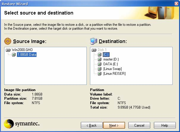 Restore Computer dari file image Rertore menggunakan wizard di dalam Windows.Jika windows tidak dapat booting, harus memakai Ghost.