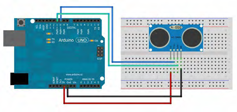 Dalam Sensor Ultrasonik HC-SRO4 terdapat 4 pin, yaitu VCC, TRIG, ECHO dan GND.