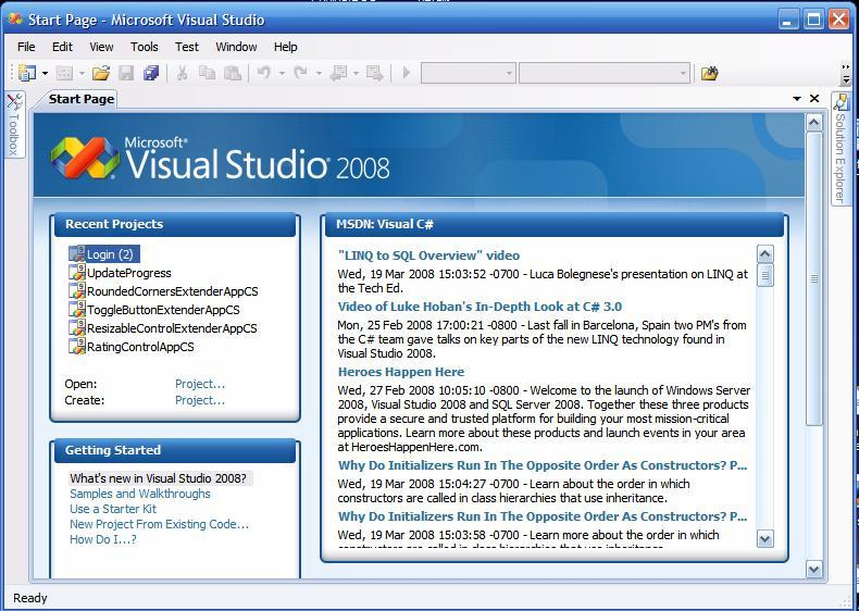Gambar 2.4 Tampilan Visual Basic 2008 2. SQL Server 2005 Perkembangan aplikasi database sudah sangat pesat sesuai tuntutan kemajuan jaman, mulai dari stand alone sampai client atau server.